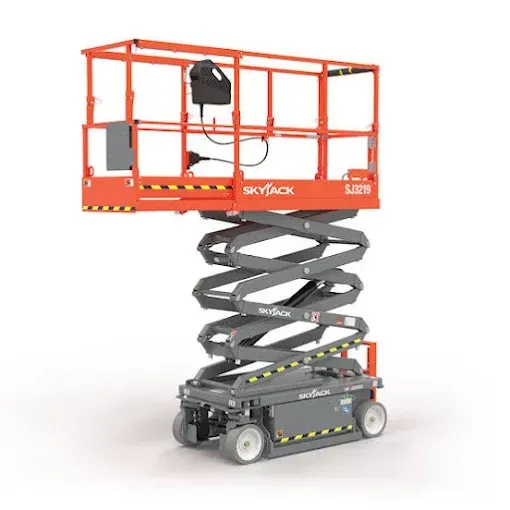 A bright orange Skyjack SJ3219 electric scissor lift in a raised position against a plain white background — Superior Access Hire in Wynnum, QLD