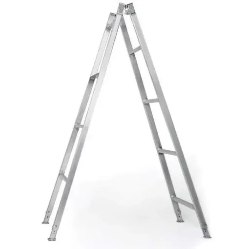 An A-frame stepladder made of silver metal, shown isolated against a white background — Superior Access Hire in Wynnum, QLD