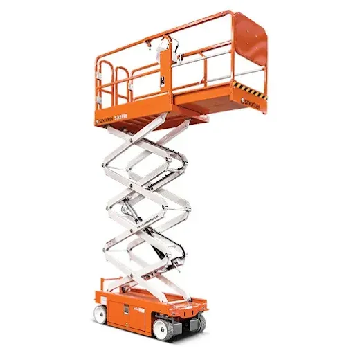 An orange industrial scissor lift extended to its maximum height, shown isolated against a white background — Superior Access Hire in Wynnum, QLD