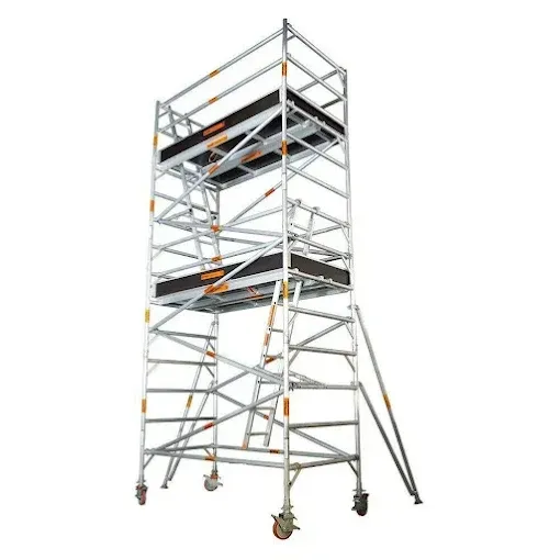 A portable aluminum rolling scaffold tower with two working platforms, safety railings, and stabilizing outriggers — Superior Access Hire in Wynnum, QLD
