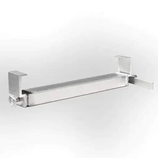 A silver, rectangular aluminum heat exchanger with mounting brackets at both ends against a plain white background — Superior Access Hire in Wynnum, QLD