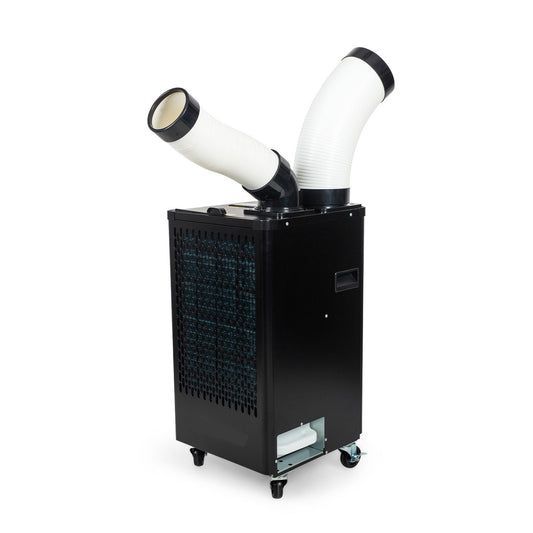 Black Portable Air Conditioner with Two White Hoses — Superior Access Hire in Wynnum, QLD