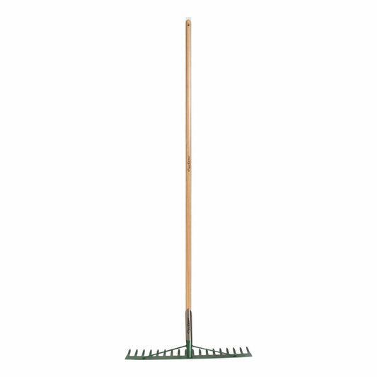 Green Metal Garden Rake with Long Wooden Handle — Superior Access Hire in Wynnum, QLD