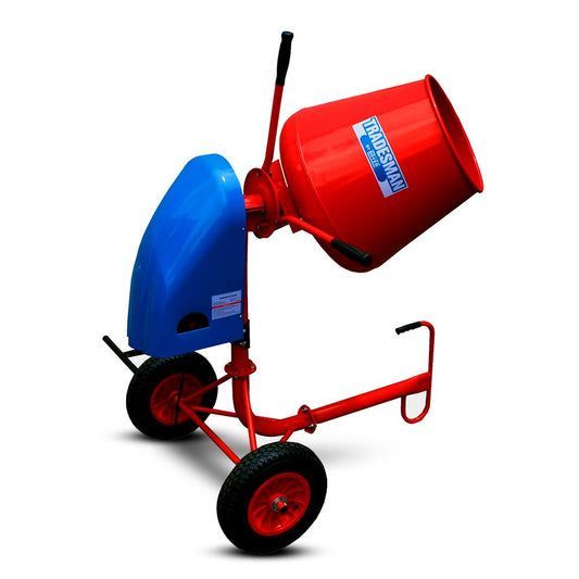 Red and Blue Cement Mixer with Black Handles and Wheels — Superior Access Hire in Wynnum, QLD
