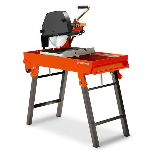 Orange Husqvarna Tile Saw on Gray Metal Stand — Superior Access Hire in Wynnum, QLD