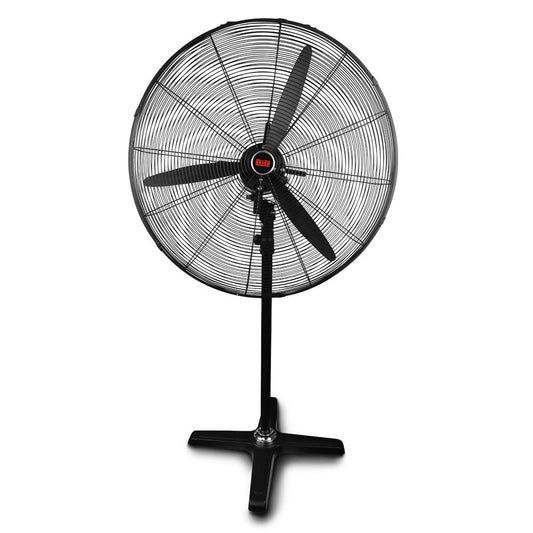 Black Industrial Stand-Up Fan with Three Blades and Safety Grill — Superior Access Hire in Wynnum, QLD