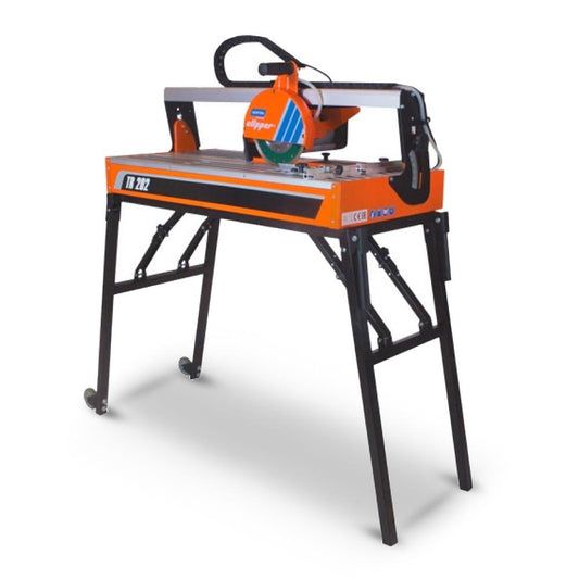Orange Tile Saw on Black Metal Stand with A Rotating Blade — Superior Access Hire in Wynnum, QLD