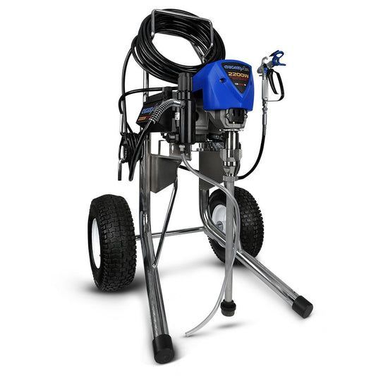 Blue and Chrome Airless Paint Sprayer on Wheels with Black Hose — Superior Access Hire in Wynnum, QLD