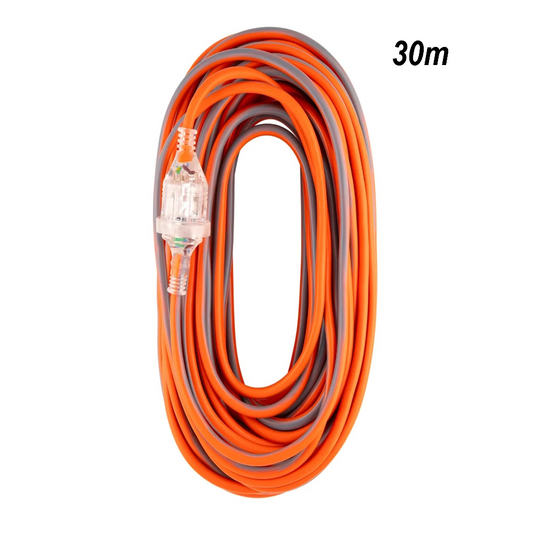 Orange and Gray 30m Outdoor Extension Cord with A Clear Illuminated Plug — Superior Access Hire in Wynnum, QLD
