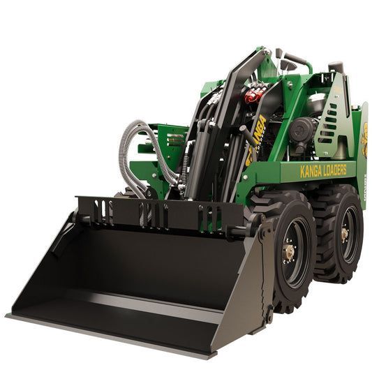 Green and Black Mini Skid Steer Loader with Bucket Attachment — Superior Access Hire in Wynnum, QLD