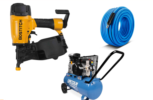 A Nail Gun, Air Hose, and Air Compressor — Superior Access Hire in Wynnum, QLD