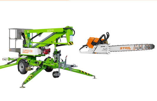 Green Lift with White Platform and A Chainsaw — Superior Access Hire in Wynnum, QLD