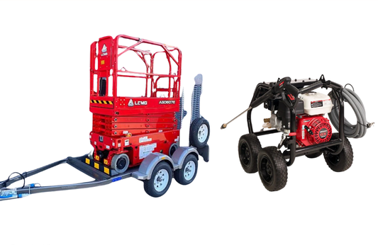 Red Lift and Pressure Washer on Trailer — Superior Access Hire in Wynnum, QLD