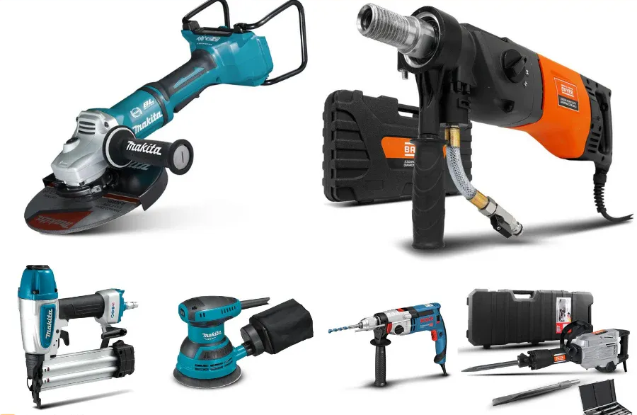 A Selection of Power Tools, Including a Makita Cutter, Nail Gun, Sander, and Drill — Superior Access Hire in Wynnum, QLD