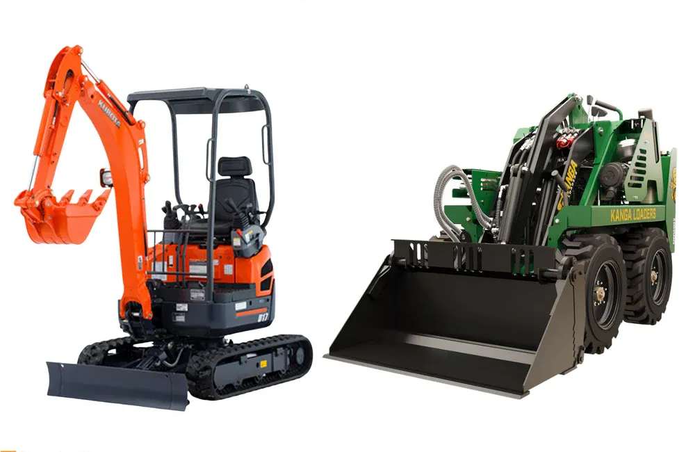 An Orange Mini Excavator and A Green Compact Loader — Superior Access Hire in Wynnum, QLD