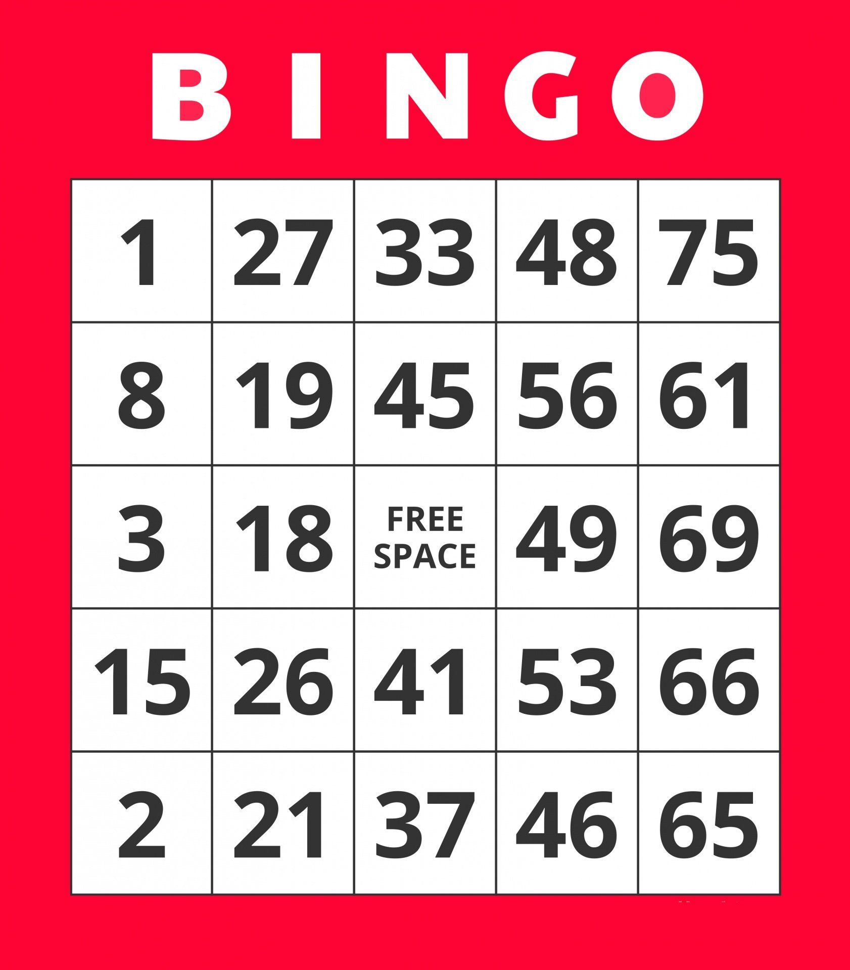 Bingo card with numbers and a free space. Red background with white text and boxes.