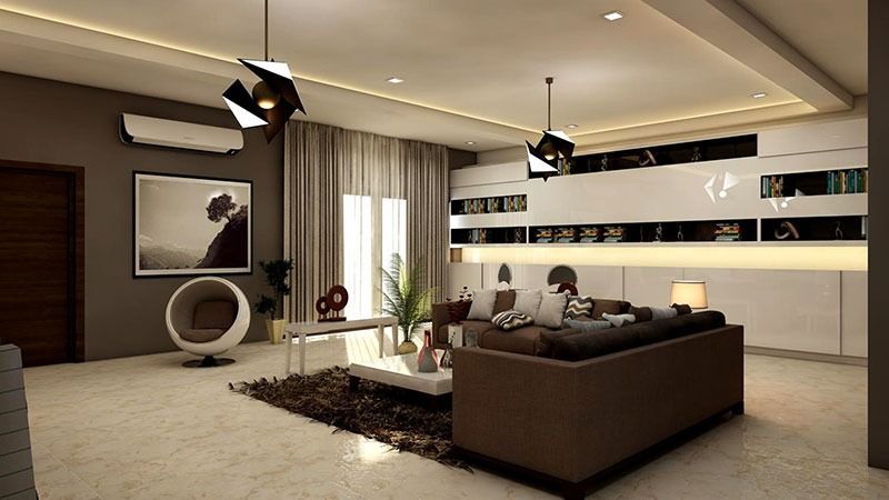 Modern open-plan living room with brown sectional sofa, coffee table, and sleek kitchen lighting