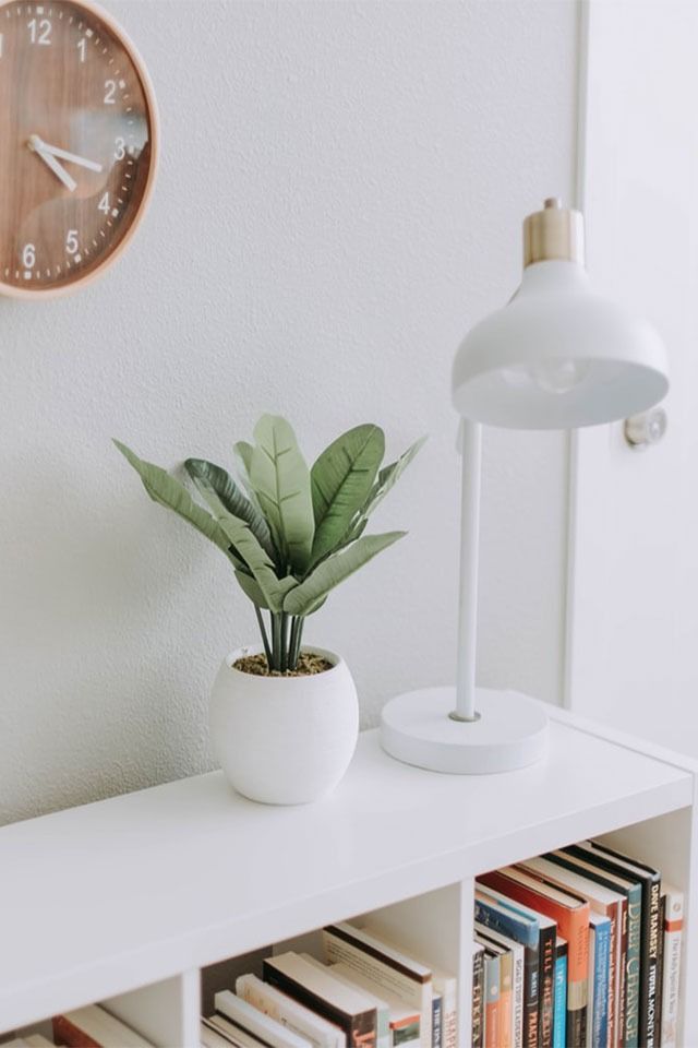 White shelf with a potted plant, white lamp, and books under a round wall clock.