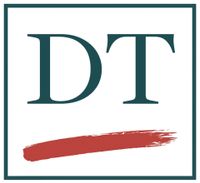 DT logo with teal letters and a red brushstroke underline inside a square border