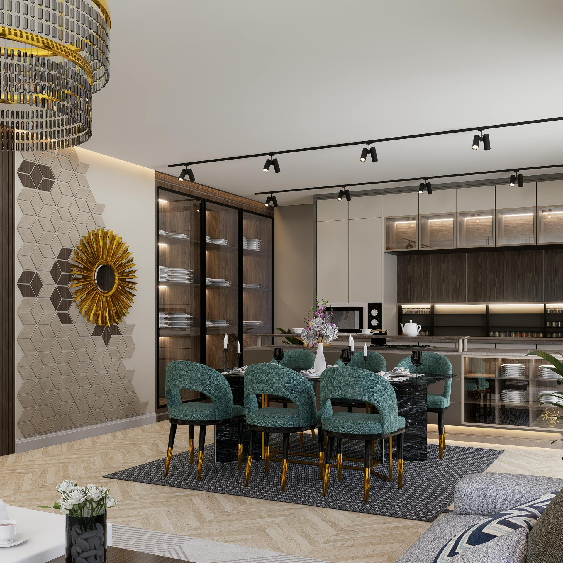 Modern dining room with teal chairs, round table, gold accents, and a sleek open kitchen