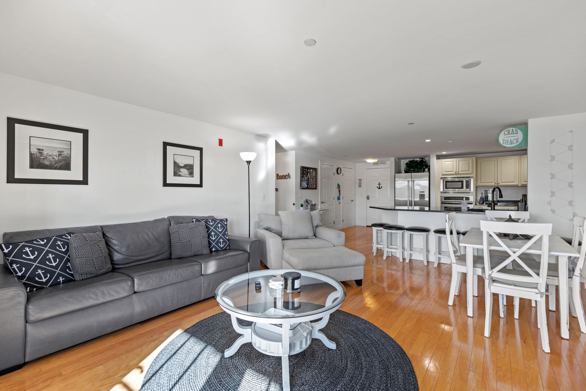 A living room with a couch and a coffee table