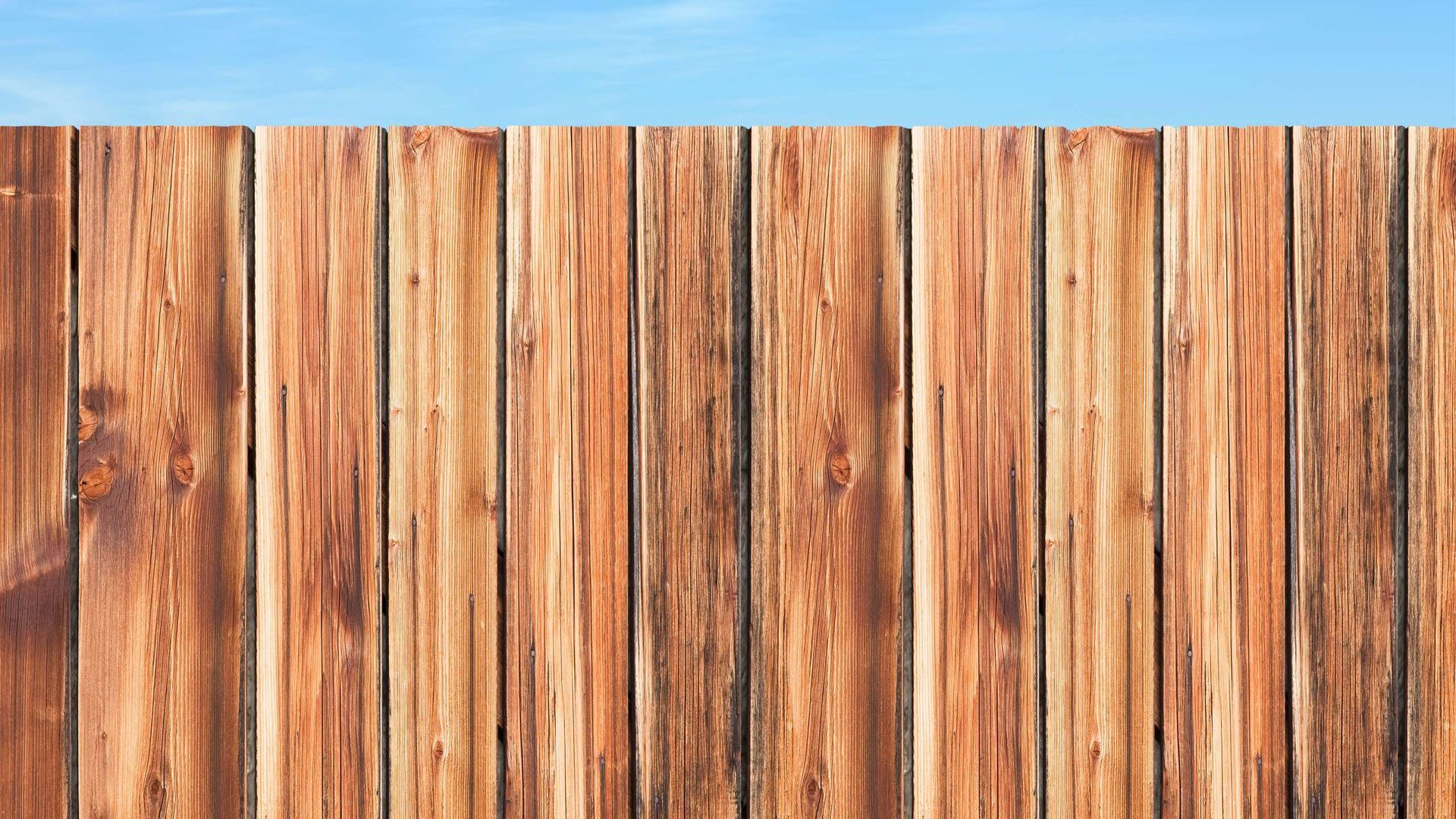 A wooden fence with a blue sky in the background.