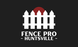 A logo for fence pro huntsville with a white picket fence
