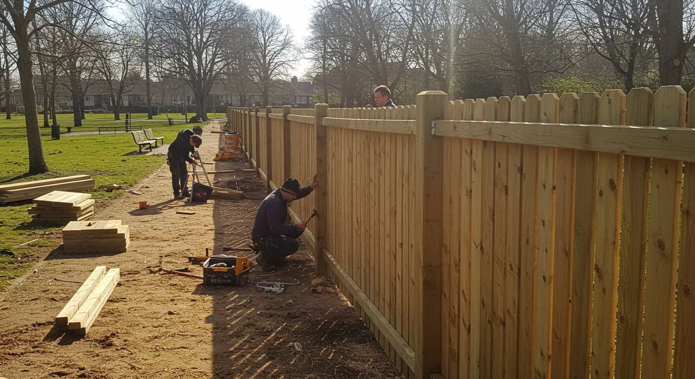 A man is working on a wooden fence in a park.