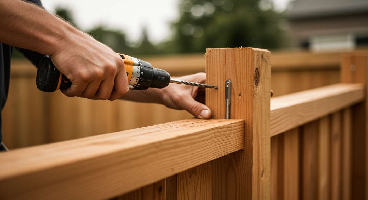 A man is using a drill to install a wooden fence.