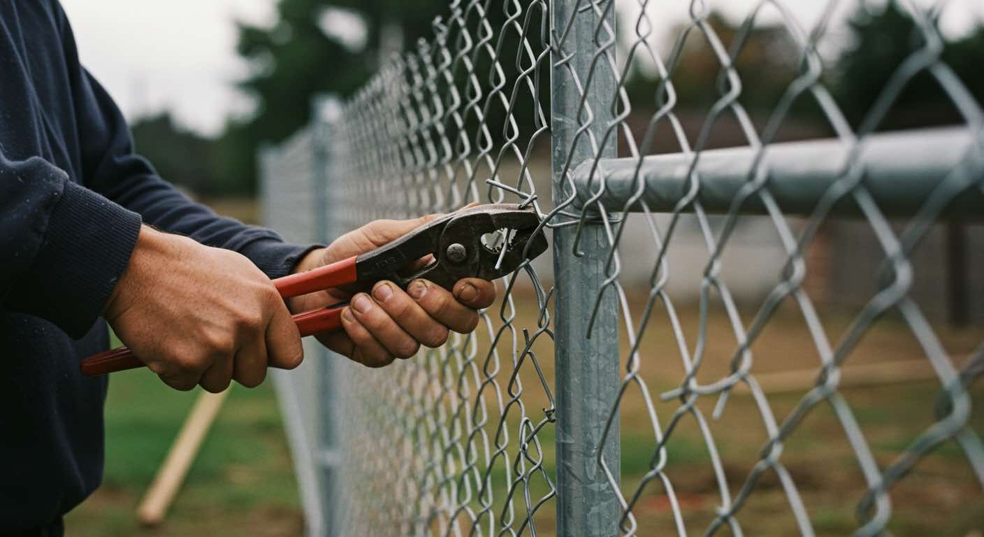 A man is cutting a chain link fence with a pair of scissors.