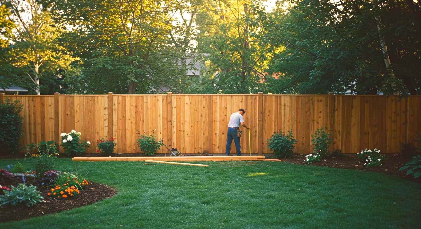 A man is working on a wooden fence in a backyard