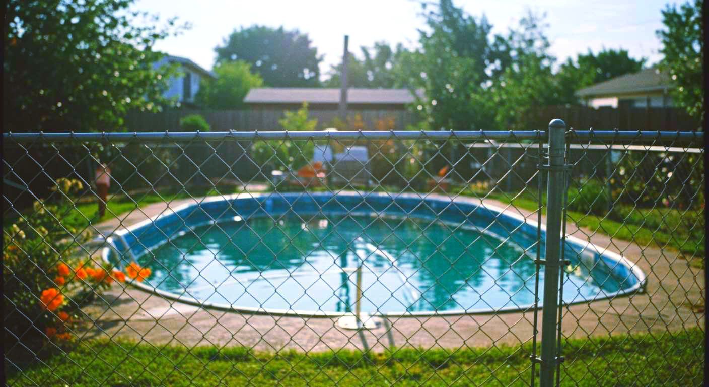 A chain link fence surrounds a swimming pool in a backyard