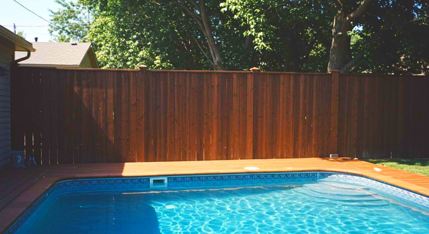 A swimming pool with a wooden fence surrounding it