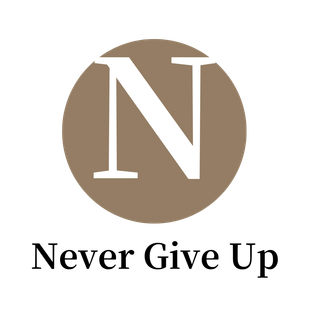 棕褐色圓圈,上方有白色字母“N”,文字為“永不放棄”。