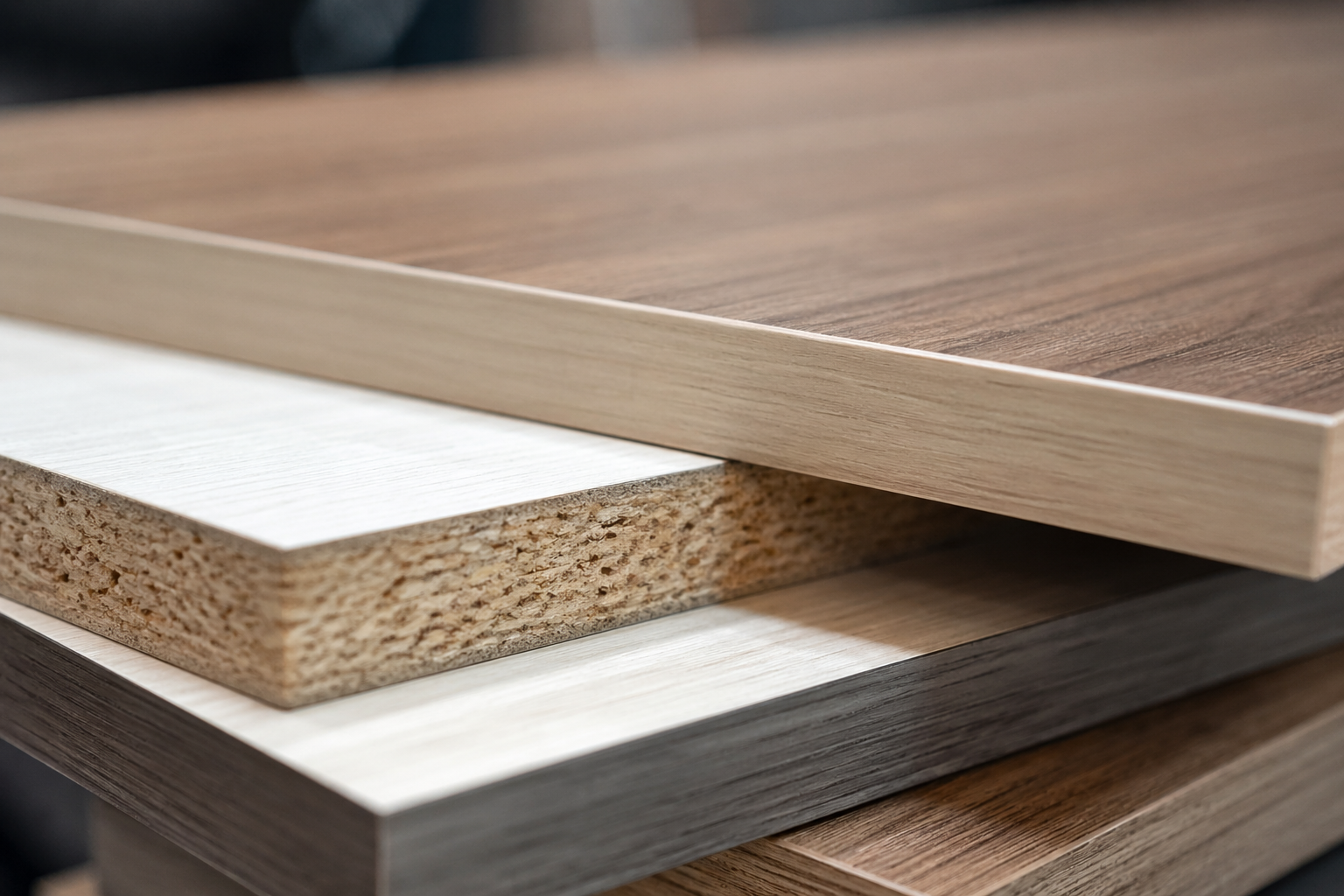 Stacked laminated wood boards in brown, white, and gray layers close up