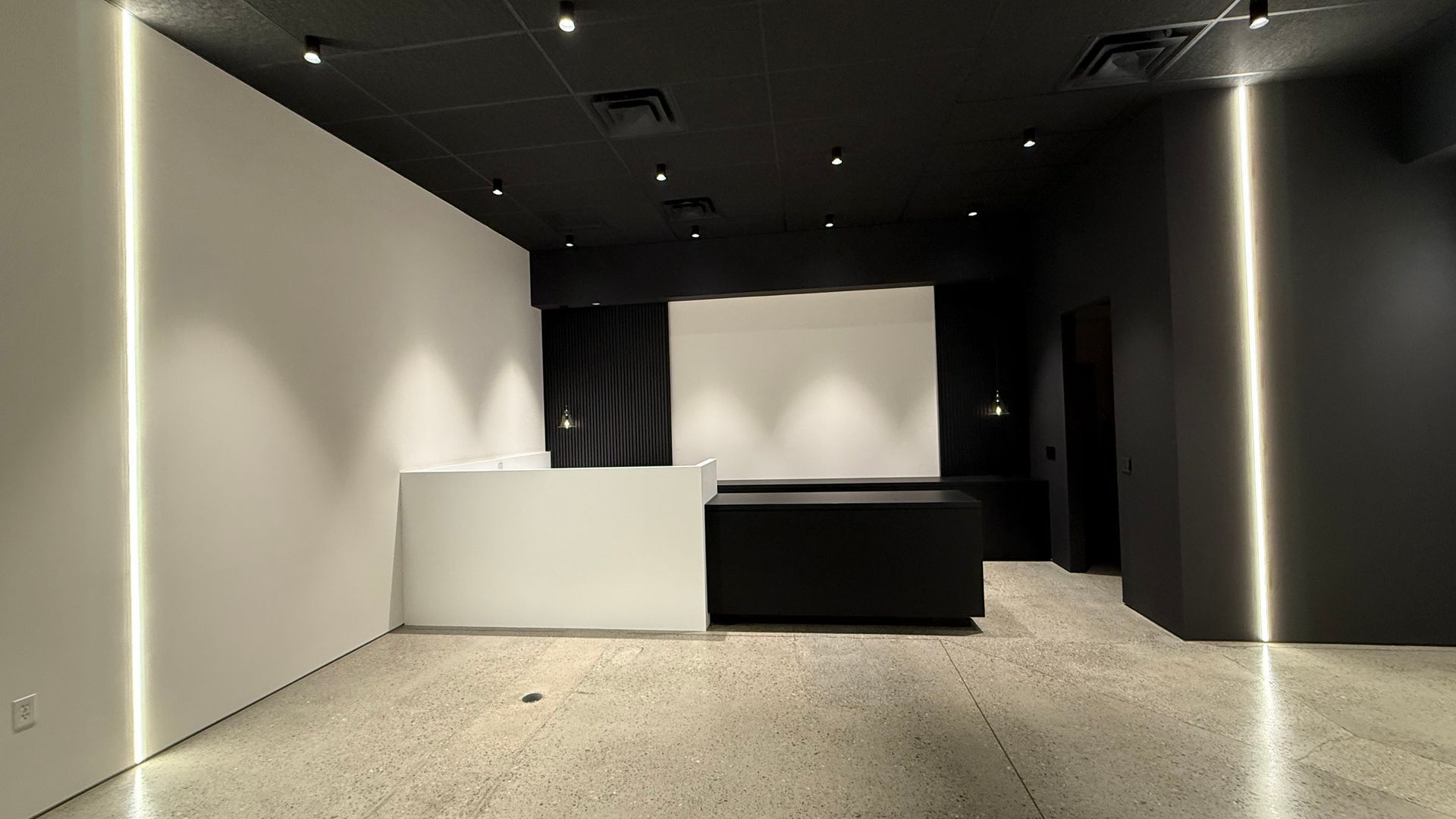 Minimalist black and white commercial reception area with built-in front desk
