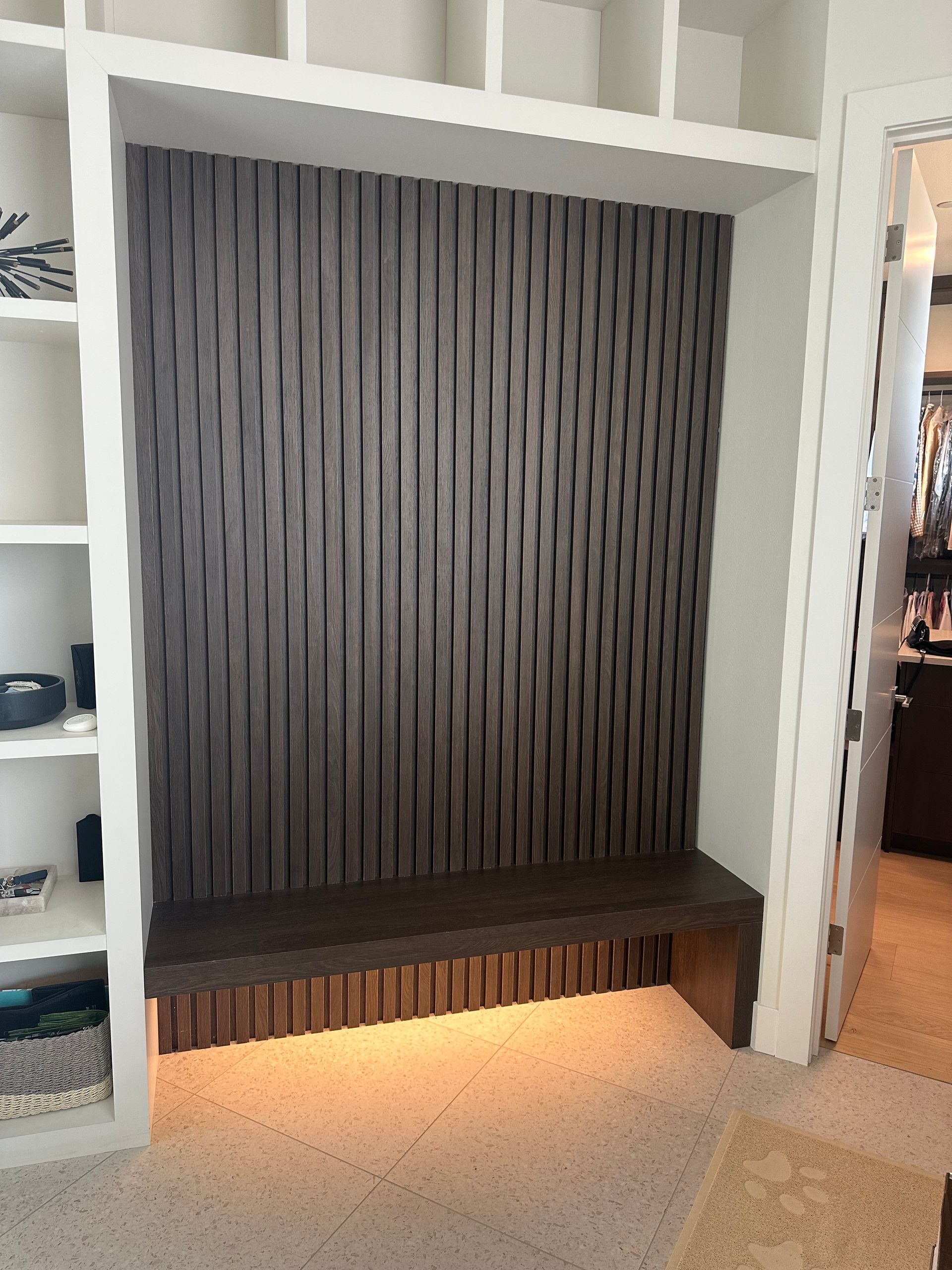Custom fluted wood feature panel — handcrafted by Pro-Tech Woodworking, Portland