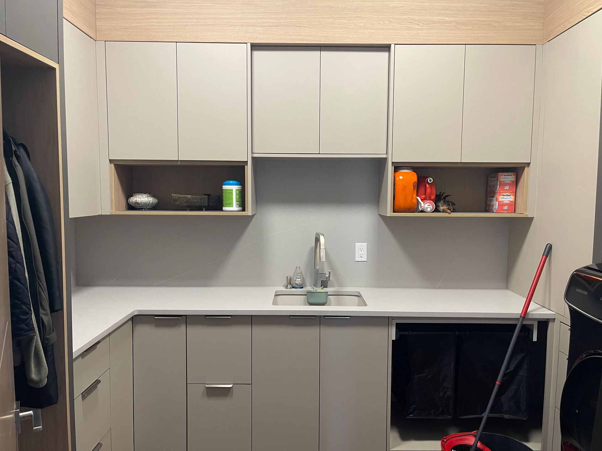 Pro-Tech Woodworking custom laundry room cabinets with open shelves and storage, made to order in Portland