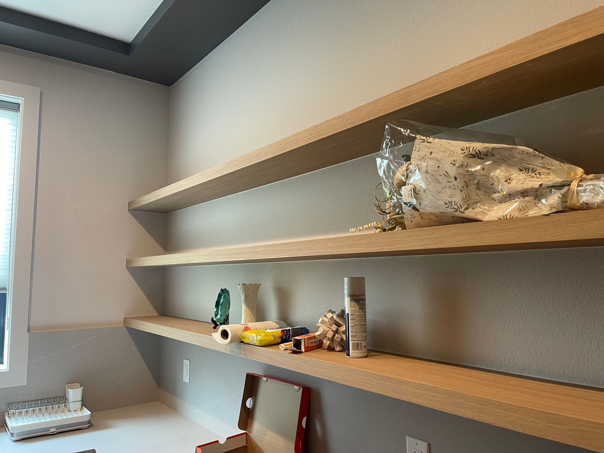 Pro-Tech Woodworking custom floating wooden shelves for living space, made to order in Portland