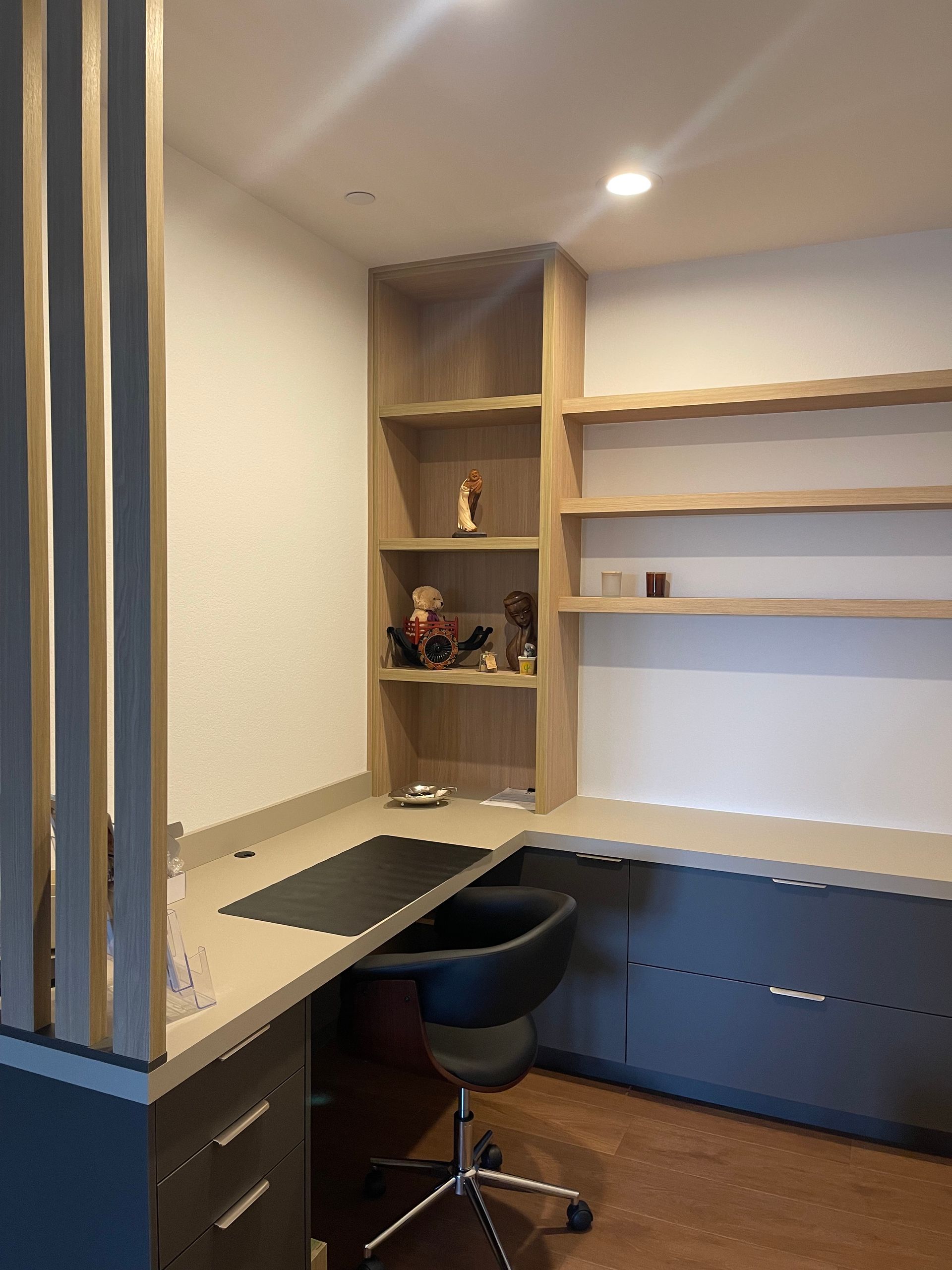 Pro-Tech Woodworking custom handcrafted wood desk and shelving unit with vertical panel details, made to order in Portland