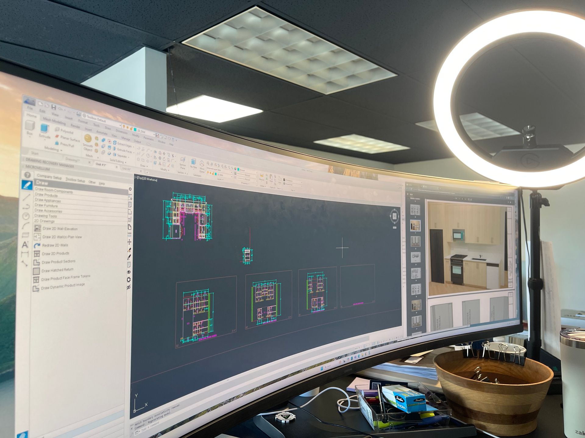 Technical drawing of cabinetry in 3D software on desktop monitor at design station in Portland