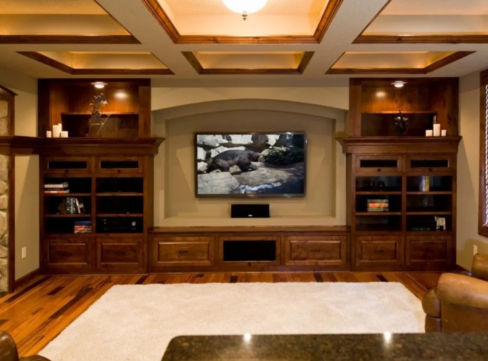 Living room with built-in wooden entertainment center, TV, fireplace, hardwood floors, and a cream rug.