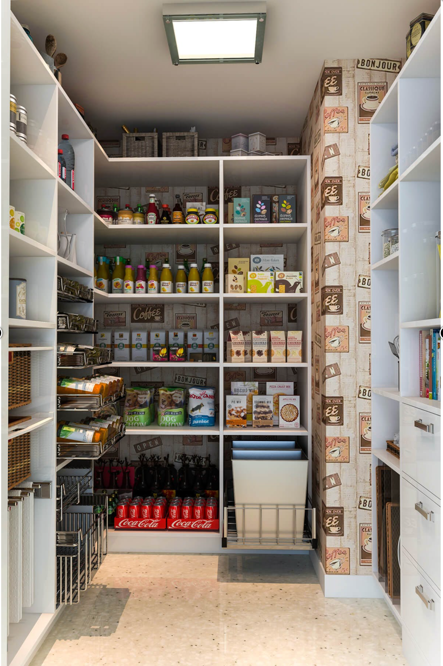 White pantry with shelves stocked with food items; wallpapered wall with dog pattern.