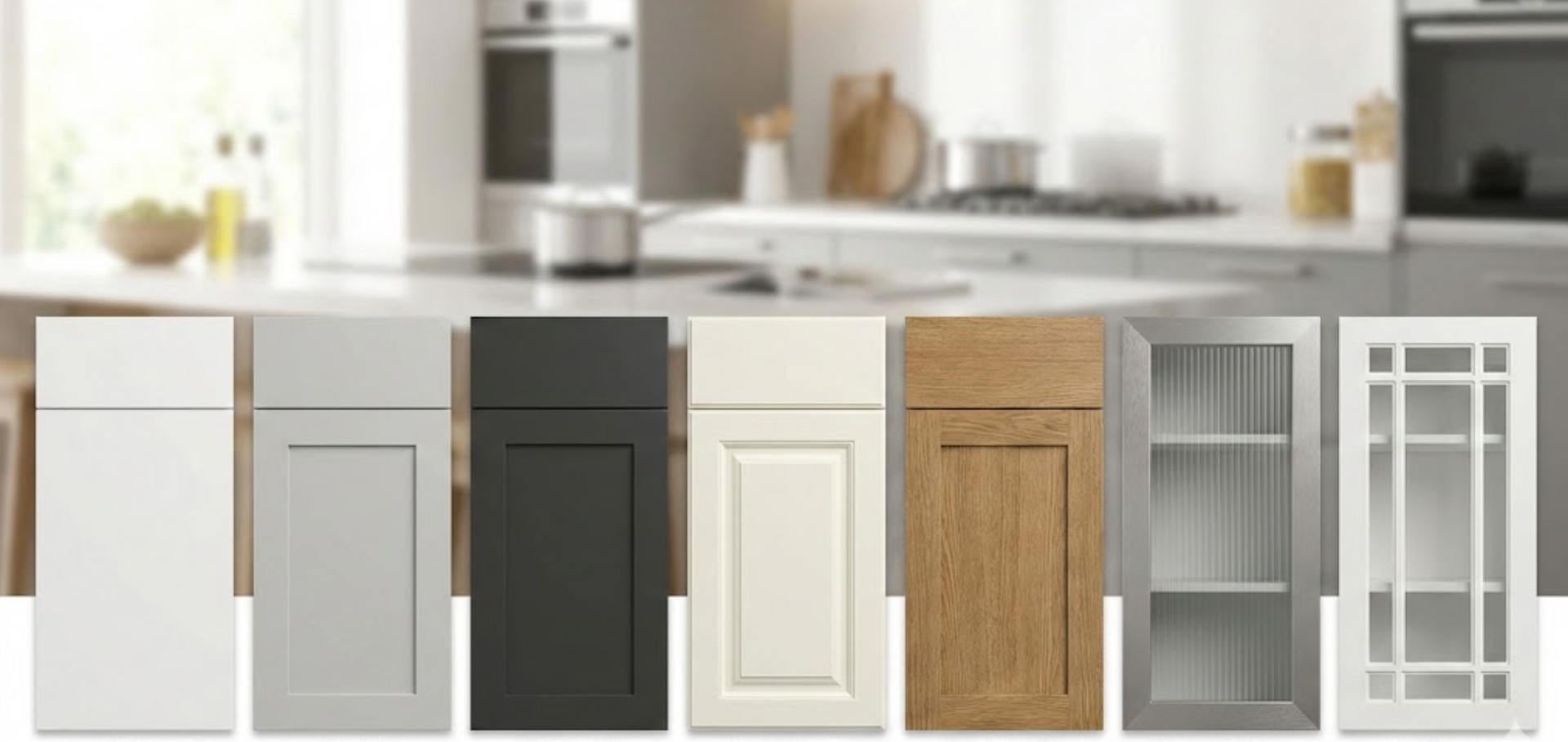Kitchen cabinet door styles in a row, with a blurred kitchen background.