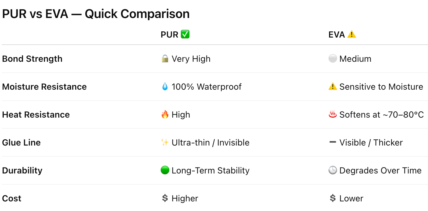 PUR vs EVA quick comparison chart showing bond strength, resistance, heat, cure, and durability.