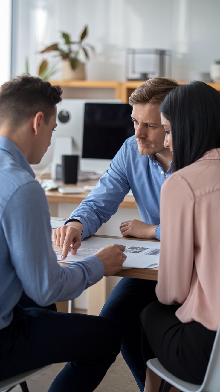 Client consultation meeting at desk — planning custom cabinetry project