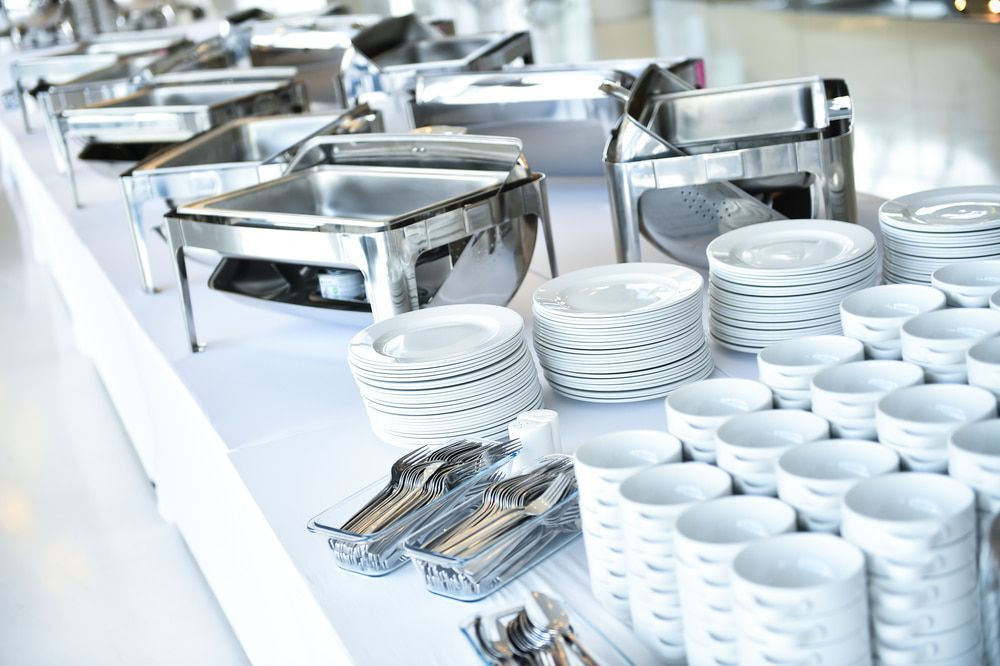 Empty Catering Plates, Platters And Trays Setup Before Event — Catering Equipment in Kempsey, NSW