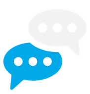 Two blue and white speech bubbles with three dots on them on a white background.