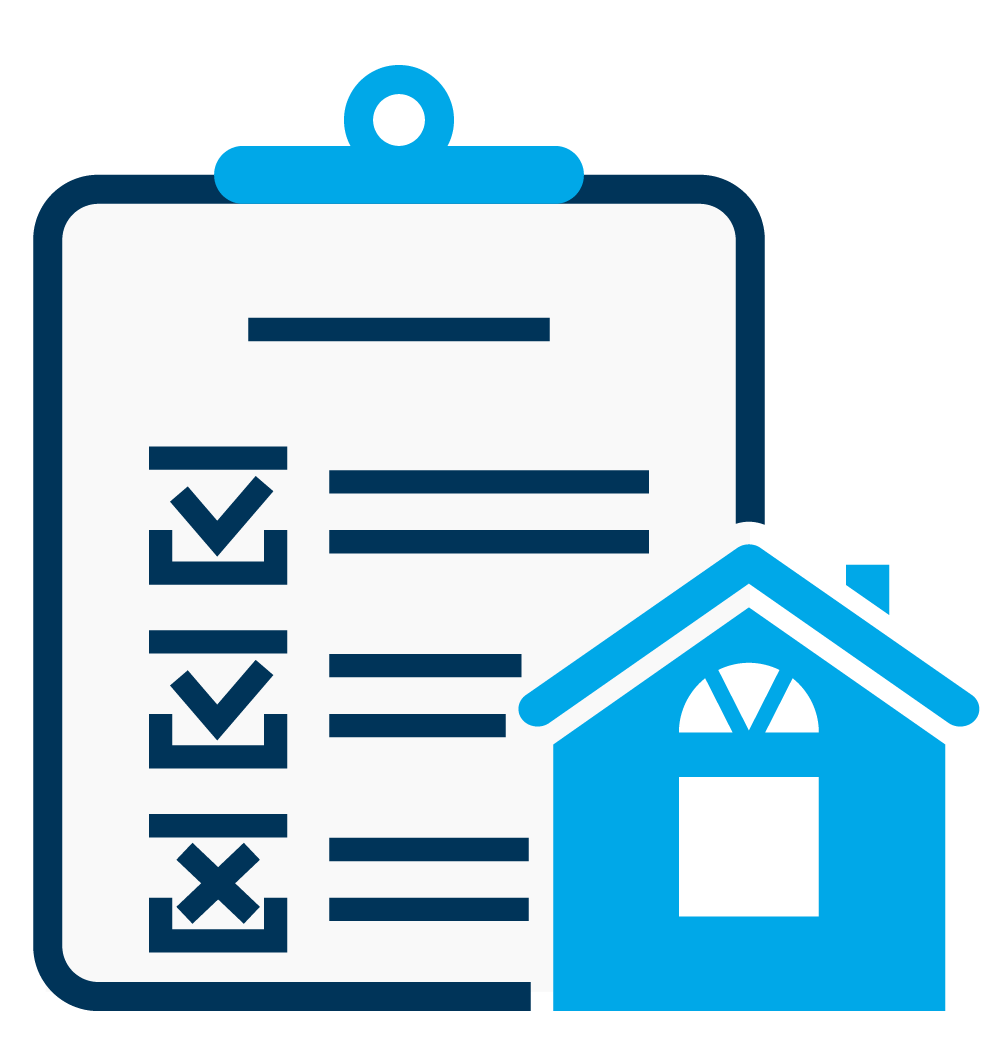 A clipboard with a checklist and a house on it.