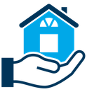 A hand is holding a blue house in its palm.